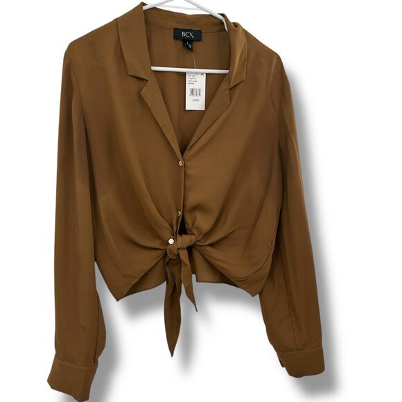 NEW BCX Retro Brown Tie Front Blouse SZ Large 70's Chiffon Boho Neutral Top NWT - Picture 6 of 11